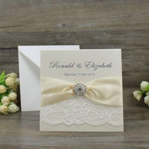 Square Lace Wedding Card with Buckle Decoration Invitation Card Customized 